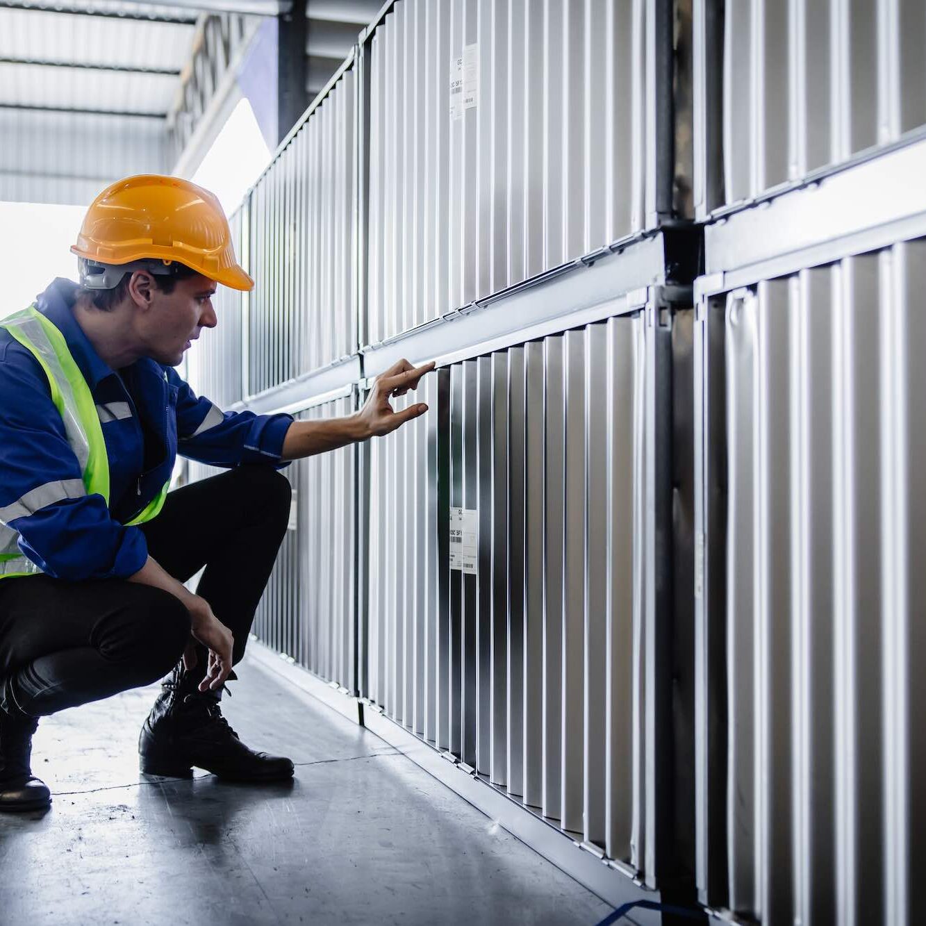 Warehouse staff worker reading cargo box label. People working for inventory goods cargo shipping management team.